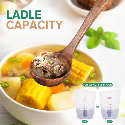 Wooden Soup Ladle Spoons for Cooking Serving, Teak Wood, 10.6" | Non-Toxic, Natural, Long Handle, Deep Scooper Server Utensil, No-Scratch Cookware Surface, For Stirring Scoop Stews Porridge