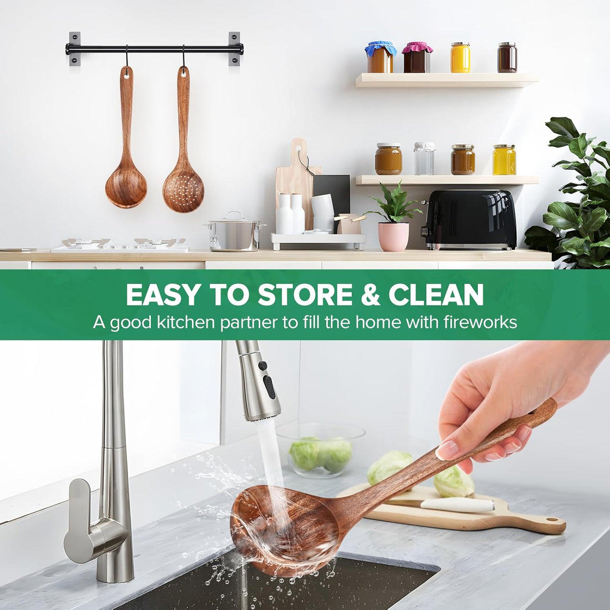 Wooden Soup Ladle Spoons for Cooking Serving, Teak Wood, 10.6" | Non-Toxic, Natural, Long Handle, Deep Scooper Server Utensil, No-Scratch Cookware Surface, For Stirring Scoop Stews Porridge