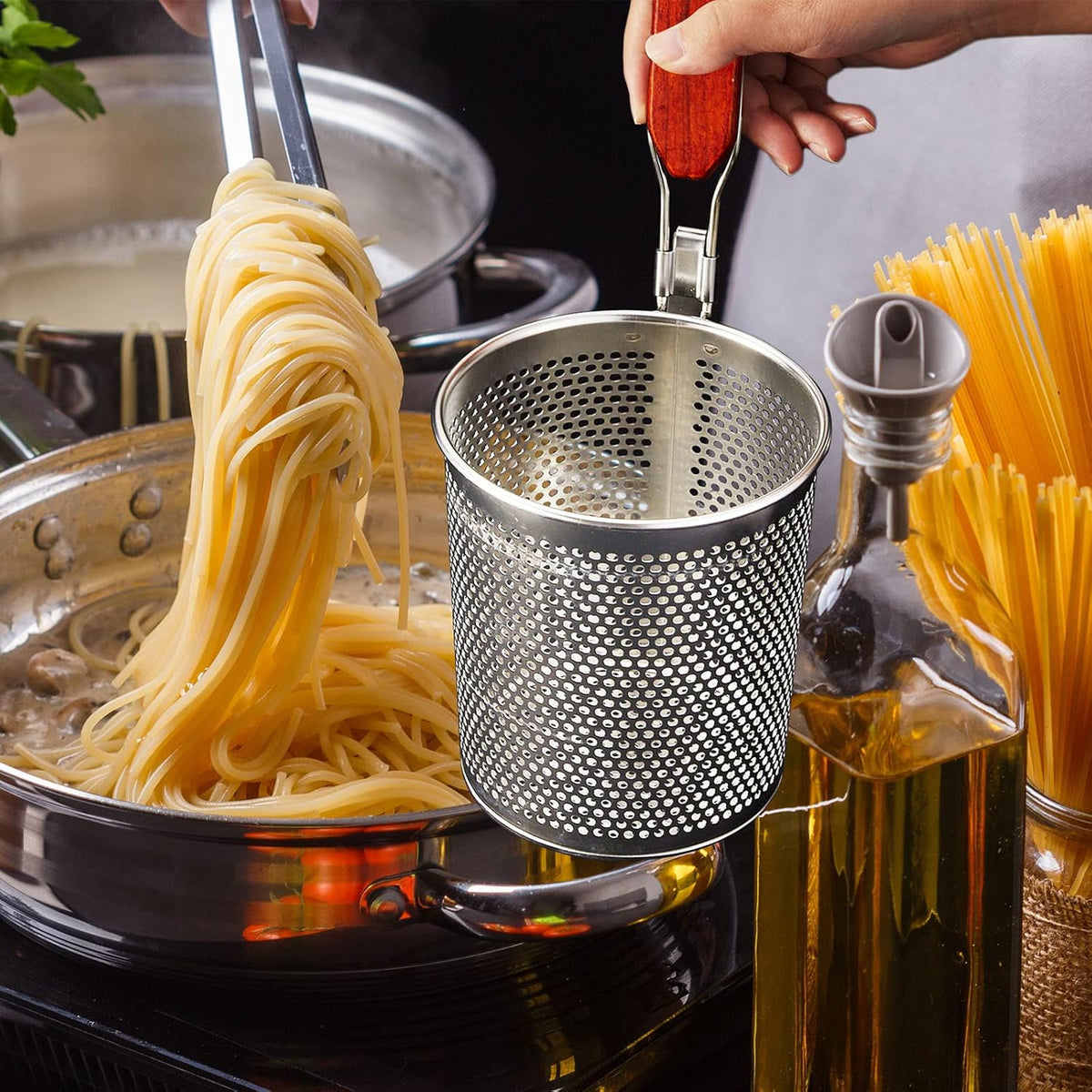 4 Pcs Pasta Strainer, 4.7" x 5.2'' Stainless Steel Pasta Basket Mesh Cooker with Wood Handle, Spider Strainer Kitchen Skimmer for Food Dumpling Noodle Blanching(Dark Color)