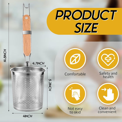 4 Pcs Pasta Strainer, 4.7" x 5.2'' Stainless Steel Pasta Basket Mesh Cooker with Wood Handle, Spider Strainer Kitchen Skimmer for Food Dumpling Noodle Blanching(Dark Color)