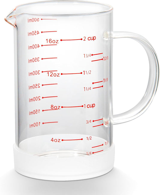 2 Cup Glass Measuring Cup with Handle, High Borosilicate Glass Measuring Cup with V-Shaped and Three Scales (Cup, OZ, ML), Glass Liquid Beaker with Silicone Base, Double-Sided Measure Scales