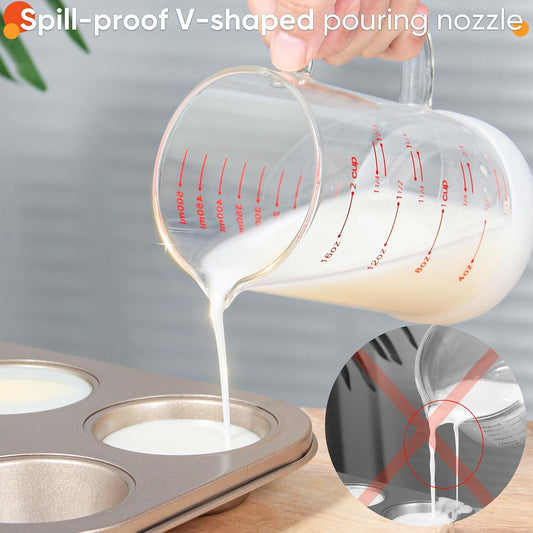 2 Cup Glass Measuring Cup with Handle, High Borosilicate Glass Measuring Cup with V-Shaped and Three Scales (Cup, OZ, ML), Glass Liquid Beaker with Silicone Base, Double-Sided Measure Scales
