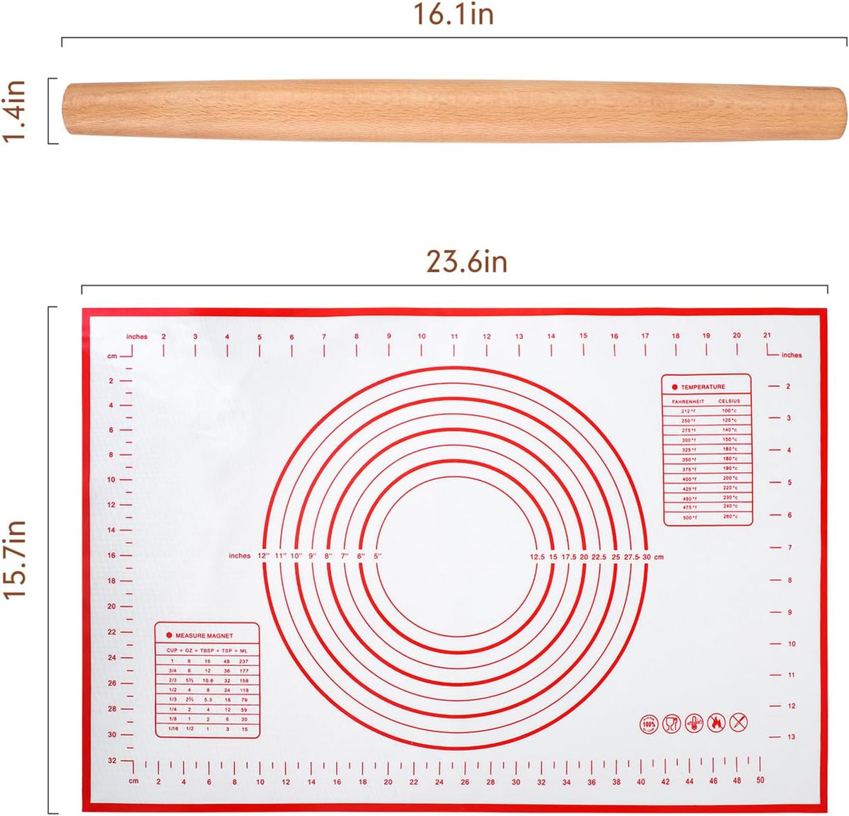 Wood French Rolling Pin for Baking, QUELLANCE Wooden Dough Roller with Silicone Baking Mat, Beech Wood Rolling Pins for Baking Dough, Pizza, Pie, Pastries, Pasta and Cookies,Red Pastry Mat