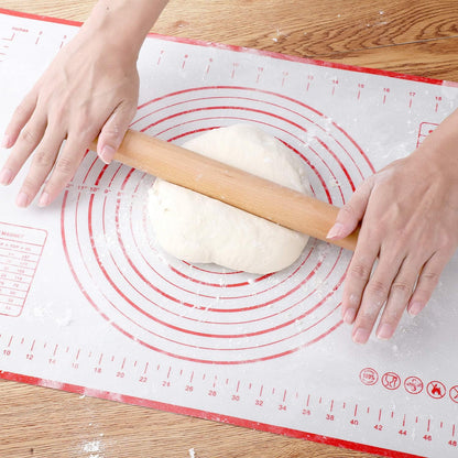 Wood French Rolling Pin for Baking, QUELLANCE Wooden Dough Roller with Silicone Baking Mat, Beech Wood Rolling Pins for Baking Dough, Pizza, Pie, Pastries, Pasta and Cookies,Red Pastry Mat