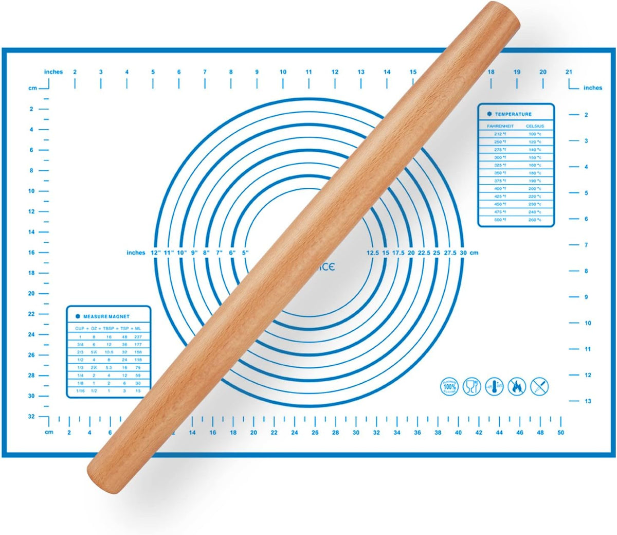 Wood French Rolling Pin for Baking, QUELLANCE Wooden Dough Roller with Silicone Baking Mat, Beech Wood Rolling Pins for Baking Dough, Pizza, Pie, Pastries, Pasta and Cookies,Red Pastry Mat
