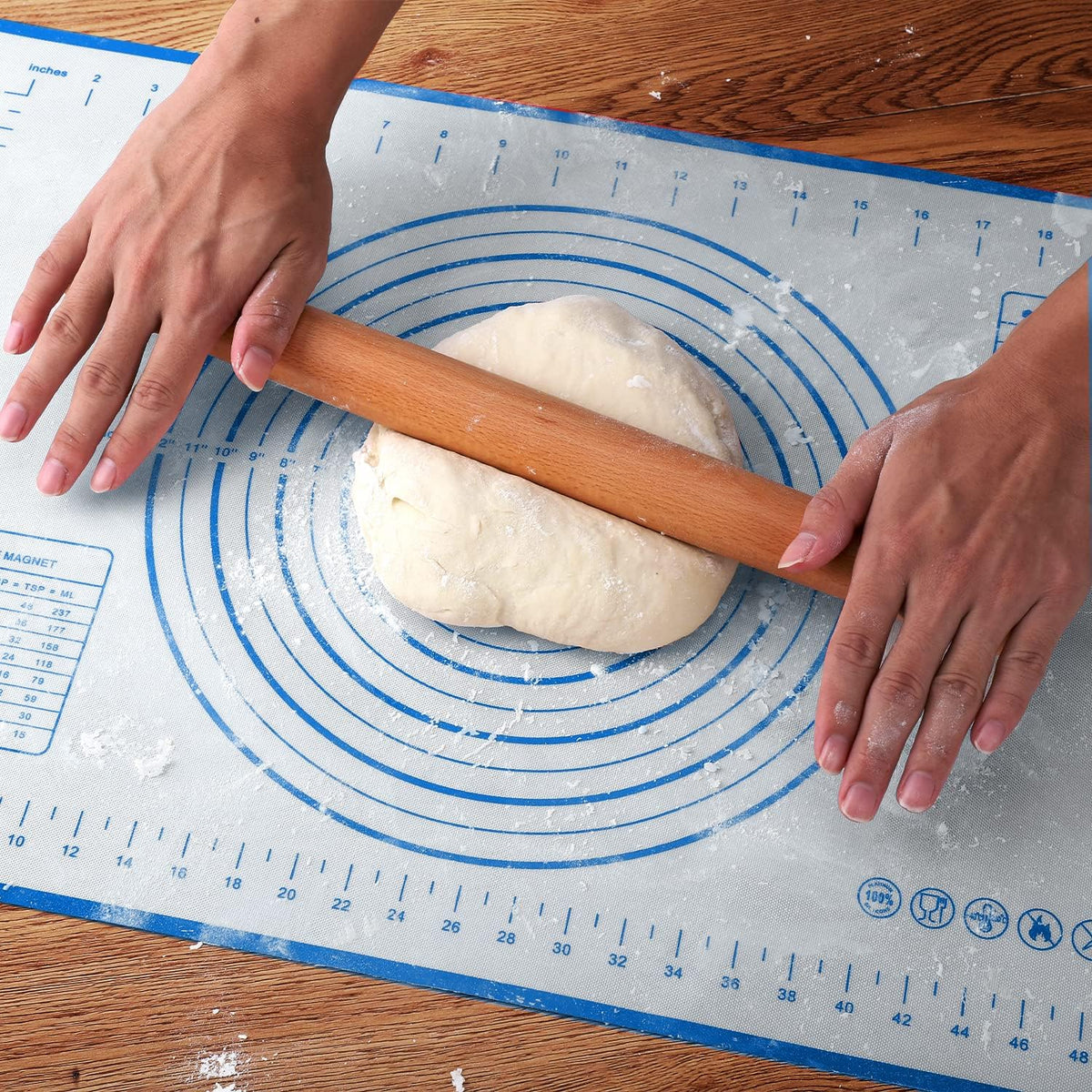 Wood French Rolling Pin for Baking, QUELLANCE Wooden Dough Roller with Silicone Baking Mat, Beech Wood Rolling Pins for Baking Dough, Pizza, Pie, Pastries, Pasta and Cookies,Red Pastry Mat