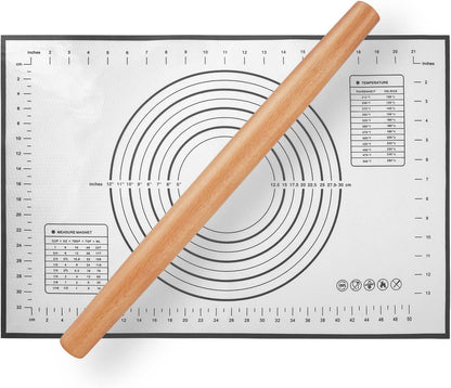 Wood French Rolling Pin for Baking, QUELLANCE Wooden Dough Roller with Silicone Baking Mat, Beech Wood Rolling Pins for Baking Dough, Pizza, Pie, Pastries, Pasta and Cookies,Red Pastry Mat
