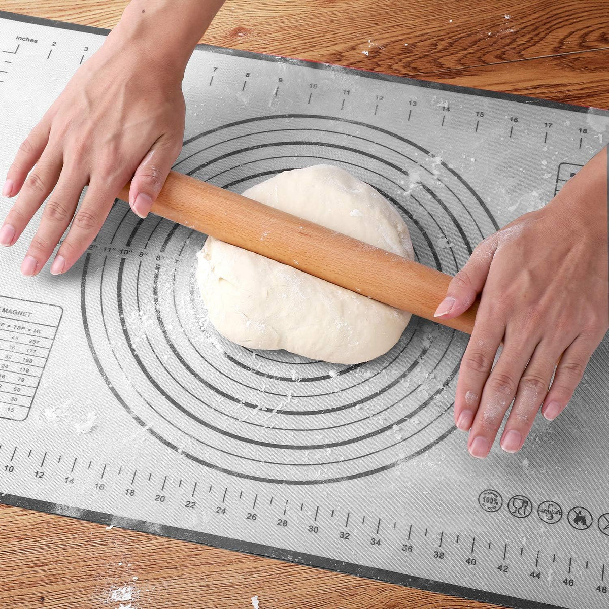 Wood French Rolling Pin for Baking, QUELLANCE Wooden Dough Roller with Silicone Baking Mat, Beech Wood Rolling Pins for Baking Dough, Pizza, Pie, Pastries, Pasta and Cookies,Red Pastry Mat