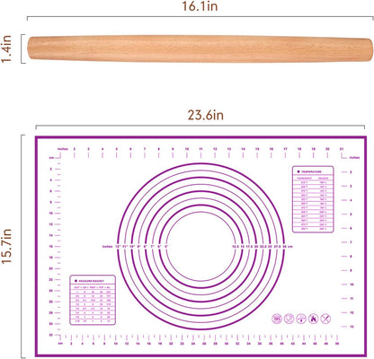 Wood French Rolling Pin for Baking, QUELLANCE Wooden Dough Roller with Silicone Baking Mat, Beech Wood Rolling Pins for Baking Dough, Pizza, Pie, Pastries, Pasta and Cookies,Red Pastry Mat