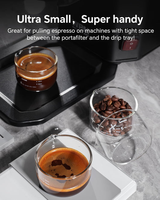 Espresso Shot Glass Measuring Cup (60ml/2oz Scale), Handleless Compact Design for Low Portafilters, Mess-Free V-Spout Barista Tool, Clear Espresso Machine Accessories, 1Pcs
