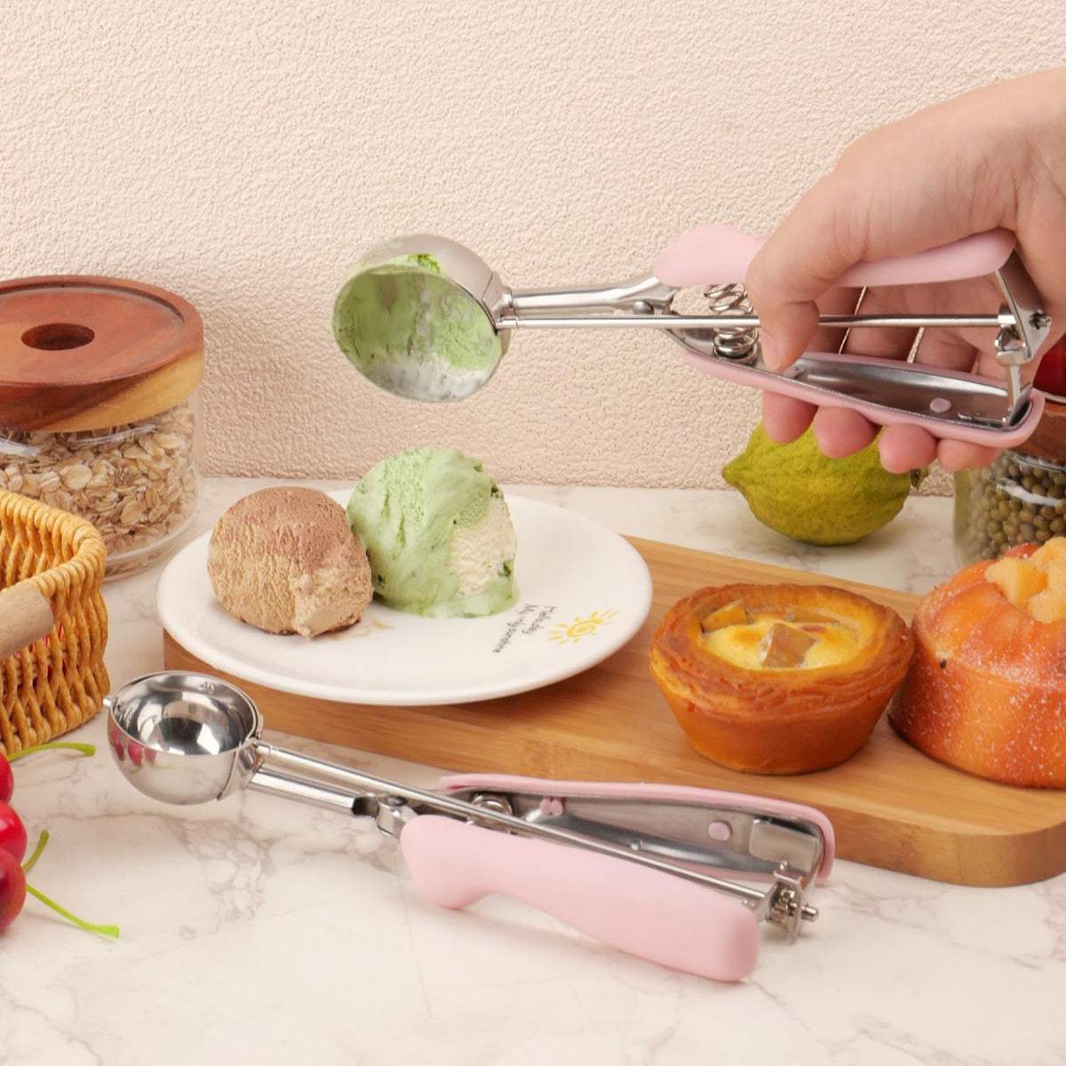 Cookie Scoops for Baking Set of 2, Pink Handle 18/8 Stainless Steel Ice Cream Scoop Set with Ergonomic Soft Grip, Spring Trigger Release Cookie Dough Scooper for Cupcakes, Muffins, Meatballs, Melon