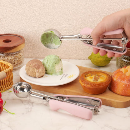 Cookie Scoops for Baking Set of 2, Pink Handle 18/8 Stainless Steel Ice Cream Scoop Set with Ergonomic Soft Grip, Spring Trigger Release Cookie Dough Scooper for Cupcakes, Muffins, Meatballs, Melon