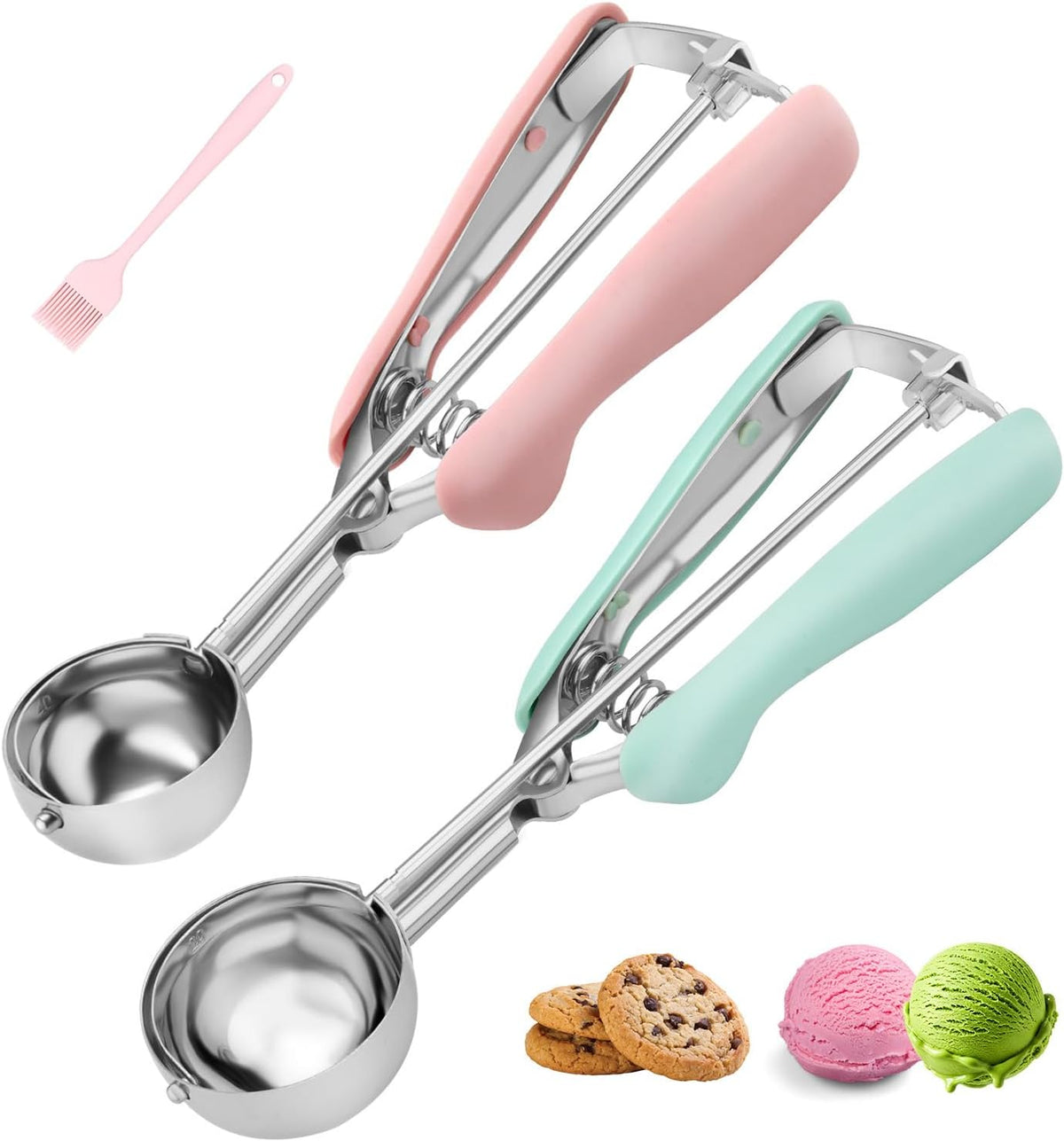 Cookie Scoops for Baking Set of 2, Pink Handle 18/8 Stainless Steel Ice Cream Scoop Set with Ergonomic Soft Grip, Spring Trigger Release Cookie Dough Scooper for Cupcakes, Muffins, Meatballs, Melon
