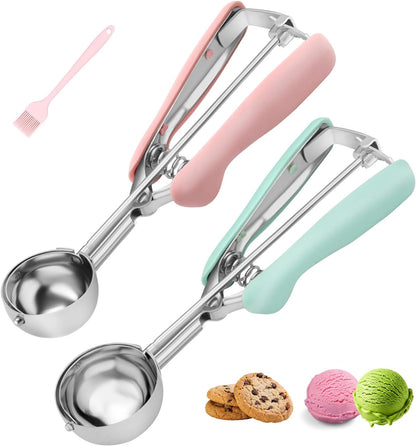 Cookie Scoops for Baking Set of 2, Pink Handle 18/8 Stainless Steel Ice Cream Scoop Set with Ergonomic Soft Grip, Spring Trigger Release Cookie Dough Scooper for Cupcakes, Muffins, Meatballs, Melon