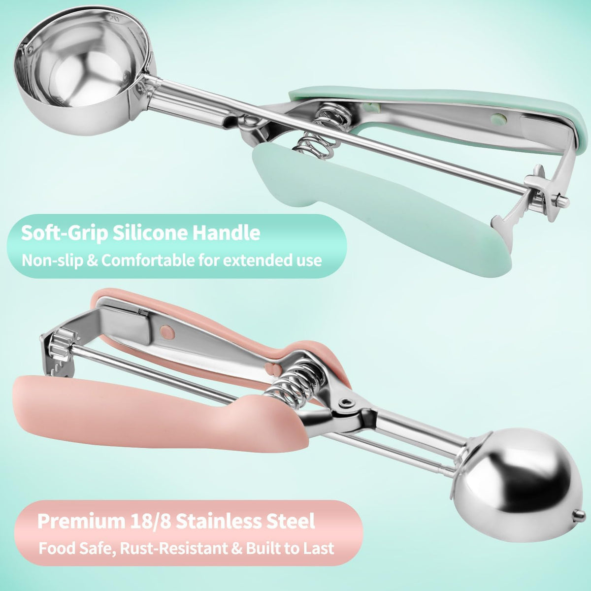 Cookie Scoops for Baking Set of 2, Pink Handle 18/8 Stainless Steel Ice Cream Scoop Set with Ergonomic Soft Grip, Spring Trigger Release Cookie Dough Scooper for Cupcakes, Muffins, Meatballs, Melon