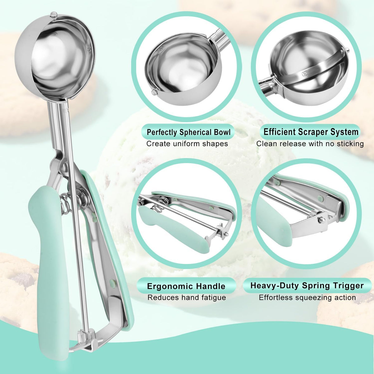 Cookie Scoops for Baking Set of 2, Pink Handle 18/8 Stainless Steel Ice Cream Scoop Set with Ergonomic Soft Grip, Spring Trigger Release Cookie Dough Scooper for Cupcakes, Muffins, Meatballs, Melon