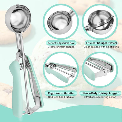 Cookie Scoops for Baking Set of 2, Pink Handle 18/8 Stainless Steel Ice Cream Scoop Set with Ergonomic Soft Grip, Spring Trigger Release Cookie Dough Scooper for Cupcakes, Muffins, Meatballs, Melon