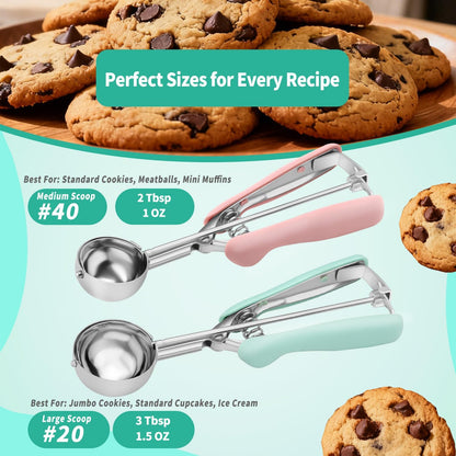 Cookie Scoops for Baking Set of 2, Pink Handle 18/8 Stainless Steel Ice Cream Scoop Set with Ergonomic Soft Grip, Spring Trigger Release Cookie Dough Scooper for Cupcakes, Muffins, Meatballs, Melon