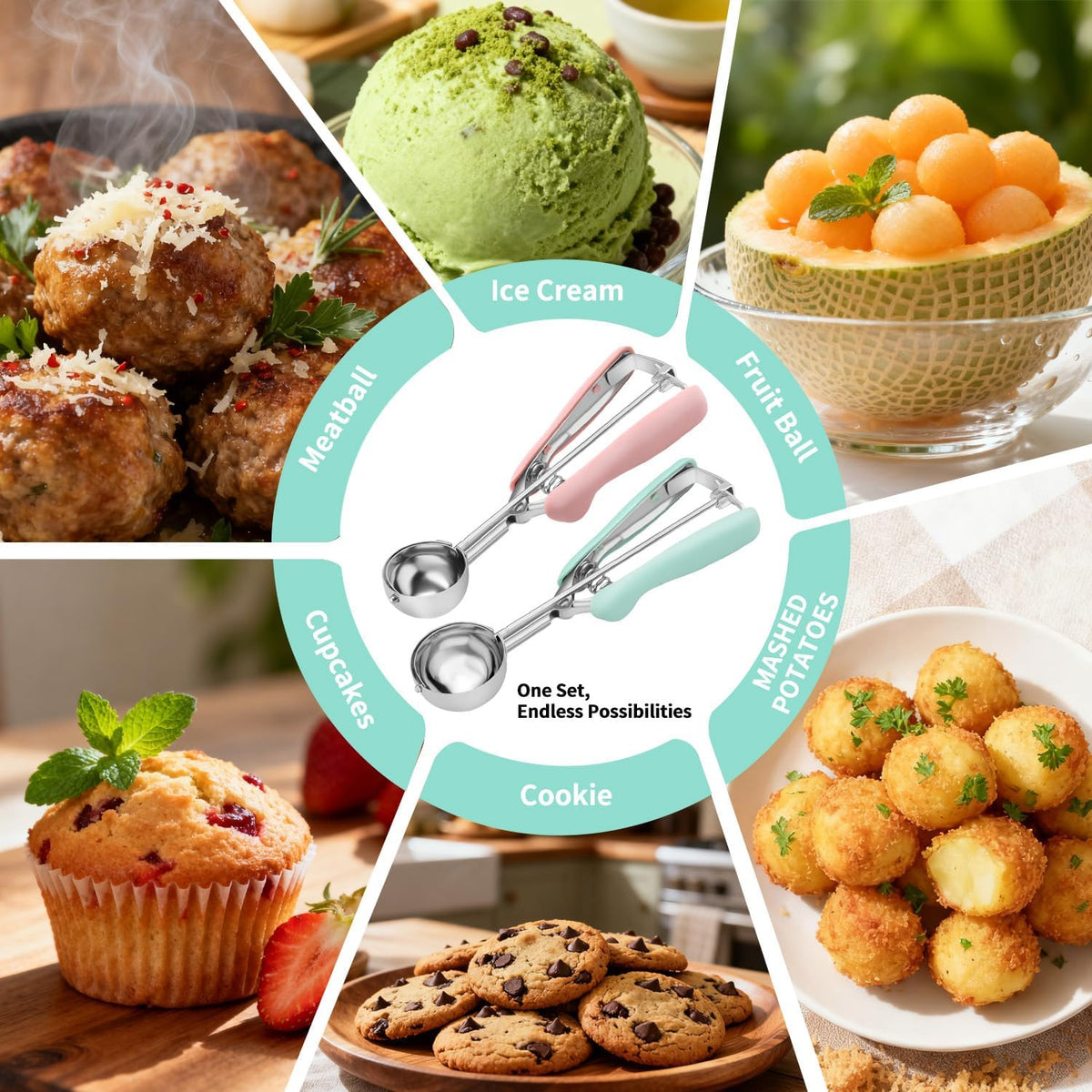 Cookie Scoops for Baking Set of 2, Pink Handle 18/8 Stainless Steel Ice Cream Scoop Set with Ergonomic Soft Grip, Spring Trigger Release Cookie Dough Scooper for Cupcakes, Muffins, Meatballs, Melon