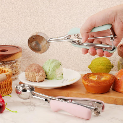 Cookie Scoops for Baking Set of 2, Pink Handle 18/8 Stainless Steel Ice Cream Scoop Set with Ergonomic Soft Grip, Spring Trigger Release Cookie Dough Scooper for Cupcakes, Muffins, Meatballs, Melon