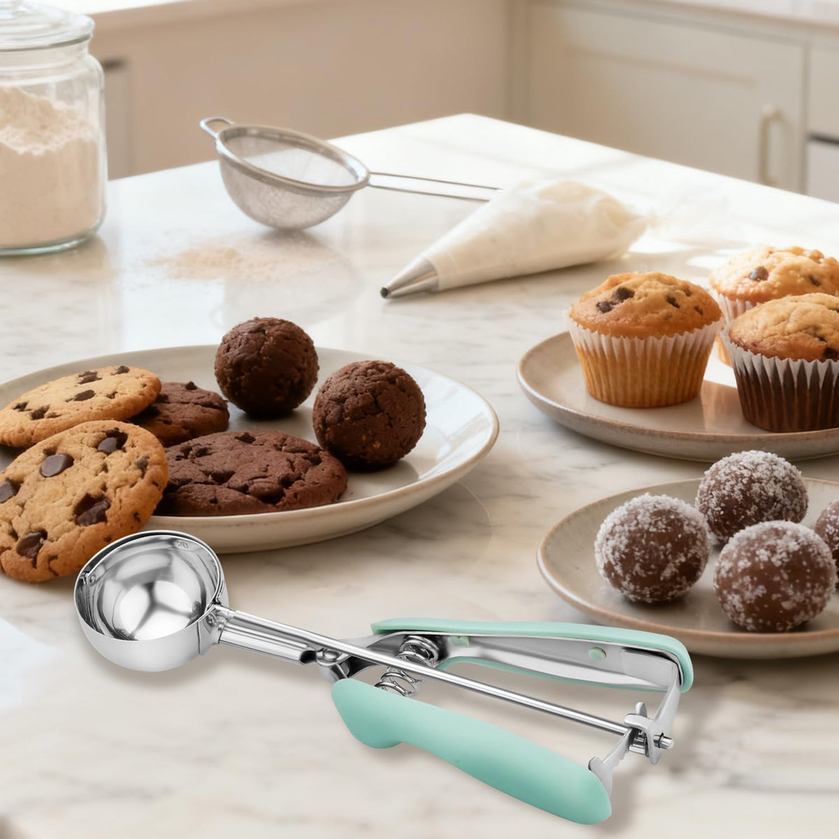 Cookie Scoops for Baking Set of 2, Pink Handle 18/8 Stainless Steel Ice Cream Scoop Set with Ergonomic Soft Grip, Spring Trigger Release Cookie Dough Scooper for Cupcakes, Muffins, Meatballs, Melon