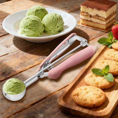 Cookie Scoops for Baking Set of 2, Pink Handle 18/8 Stainless Steel Ice Cream Scoop Set with Ergonomic Soft Grip, Spring Trigger Release Cookie Dough Scooper for Cupcakes, Muffins, Meatballs, Melon