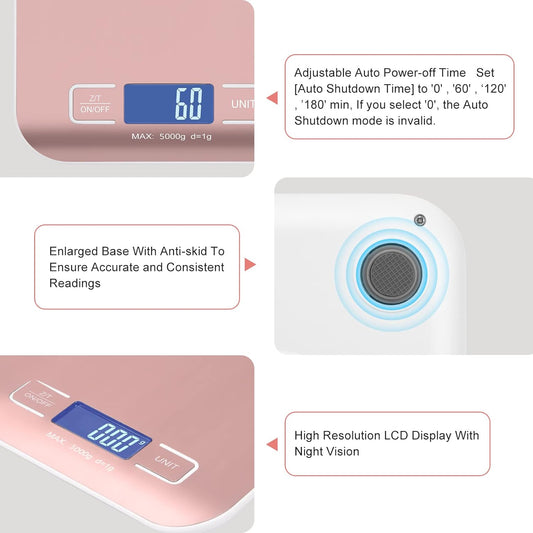 Kitchen Food Digital Scale Portable Postal Scale for Small Business Packages, Food, Handmade Goods, Liquids, with Large LCD Display High-Precision 1g Accuracy (Rose Gold Rechargeable(5kg/1g))