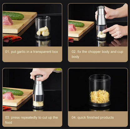 Manual Garlic Chopper Garlic Crusher Pressing Handheld Food Chopper Slicer Vegetable Cooking Crusher Stainless Steel Home Kitchen Accessories, Silver