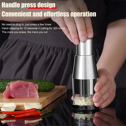 Manual Garlic Chopper Garlic Crusher Pressing Handheld Food Chopper Slicer Vegetable Cooking Crusher Stainless Steel Home Kitchen Accessories, Silver
