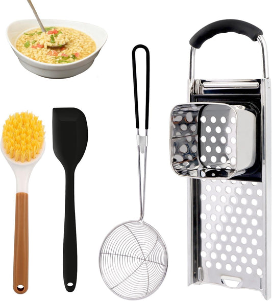 Premium Grade Stainless Steel Spaetzle Maker, 4 PCS Spider Strainer Skimmer Spoon Pasta Strainer, Homemade Traditional Egg Noodle Dumpling Making Tool Set