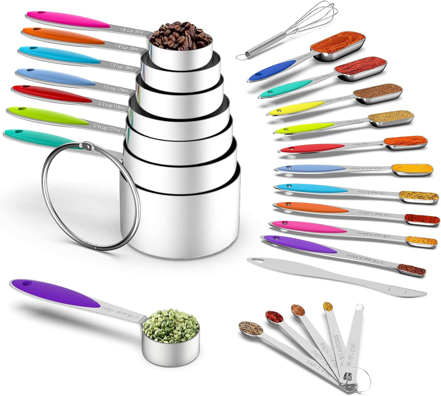 Measuring Cups and Measuring Spoons Set, Stainless Steel 8 Measuring Cups, 10 Measuring Spoons, 1 Leveler 1 Whisk & 5 Mini Spoons, for Dry and Liquid Ingredient - 25 Piece Multicolor