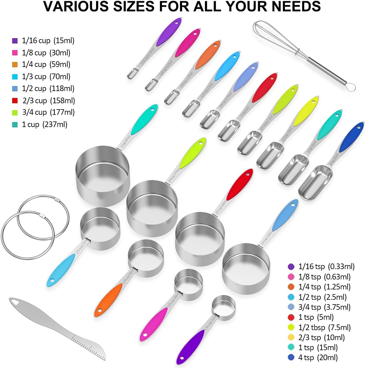 Measuring Cups and Measuring Spoons Set, Stainless Steel 8 Measuring Cups, 10 Measuring Spoons, 1 Leveler 1 Whisk & 5 Mini Spoons, for Dry and Liquid Ingredient - 25 Piece Multicolor