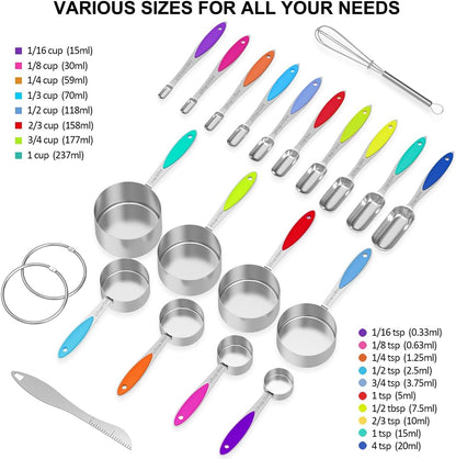 Measuring Cups and Measuring Spoons Set, Stainless Steel 8 Measuring Cups, 10 Measuring Spoons, 1 Leveler 1 Whisk & 5 Mini Spoons, for Dry and Liquid Ingredient - 25 Piece Multicolor