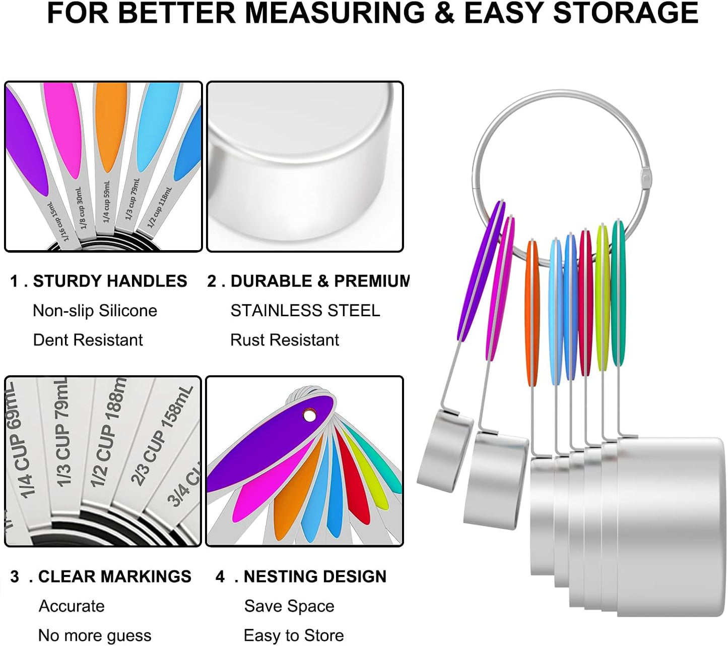 Measuring Cups and Measuring Spoons Set, Stainless Steel 8 Measuring Cups, 10 Measuring Spoons, 1 Leveler 1 Whisk & 5 Mini Spoons, for Dry and Liquid Ingredient - 25 Piece Multicolor