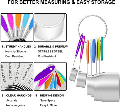 Measuring Cups and Measuring Spoons Set, Stainless Steel 8 Measuring Cups, 10 Measuring Spoons, 1 Leveler 1 Whisk & 5 Mini Spoons, for Dry and Liquid Ingredient - 25 Piece Multicolor