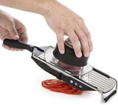 Professional Slicer - Adjustable 3-in-1 Slicing & Julienne Tool with Stainless Steel Slicing Ramp, Integrated Blades, Safety Hand Guard and soft-grip handle.