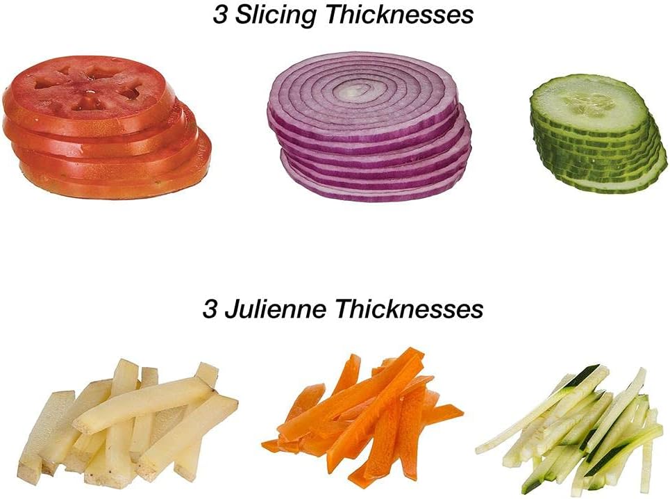 Professional Slicer - Adjustable 3-in-1 Slicing & Julienne Tool with Stainless Steel Slicing Ramp, Integrated Blades, Safety Hand Guard and soft-grip handle.