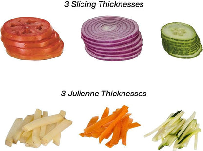 Professional Slicer - Adjustable 3-in-1 Slicing & Julienne Tool with Stainless Steel Slicing Ramp, Integrated Blades, Safety Hand Guard and soft-grip handle.