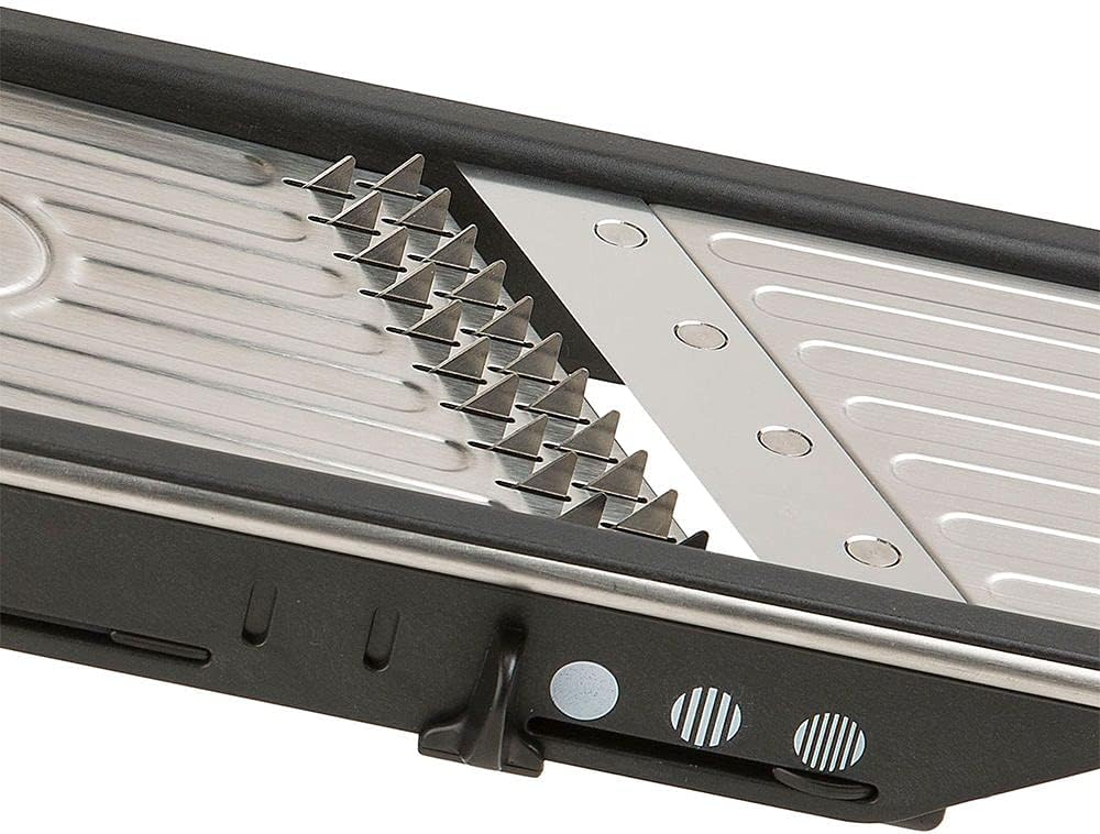 Professional Slicer - Adjustable 3-in-1 Slicing & Julienne Tool with Stainless Steel Slicing Ramp, Integrated Blades, Safety Hand Guard and soft-grip handle.