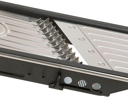 Professional Slicer - Adjustable 3-in-1 Slicing & Julienne Tool with Stainless Steel Slicing Ramp, Integrated Blades, Safety Hand Guard and soft-grip handle.