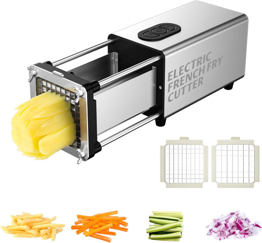 Electric French Fry Cutter, 1/2 & 3/8 Inch Interchangeable Stainless Steel Blades Automatic Potato Cutter, Commercial & Household Potato Slicer, Use for Potatoes Onion Cucumbers