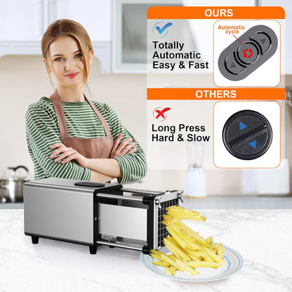 Electric French Fry Cutter, 1/2 & 3/8 Inch Interchangeable Stainless Steel Blades Automatic Potato Cutter, Commercial & Household Potato Slicer, Use for Potatoes Onion Cucumbers