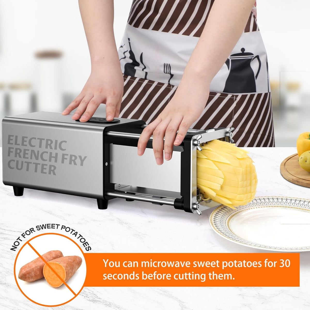 Electric French Fry Cutter, 1/2 & 3/8 Inch Interchangeable Stainless Steel Blades Automatic Potato Cutter, Commercial & Household Potato Slicer, Use for Potatoes Onion Cucumbers