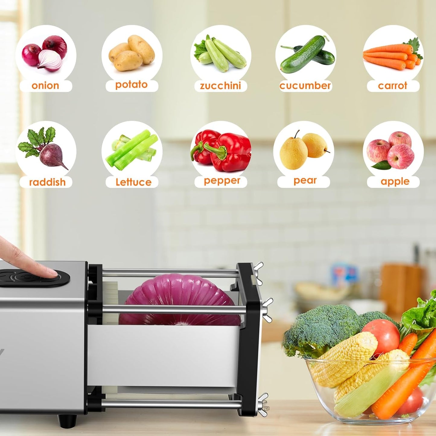 Electric French Fry Cutter, 1/2 & 3/8 Inch Interchangeable Stainless Steel Blades Automatic Potato Cutter, Commercial & Household Potato Slicer, Use for Potatoes Onion Cucumbers