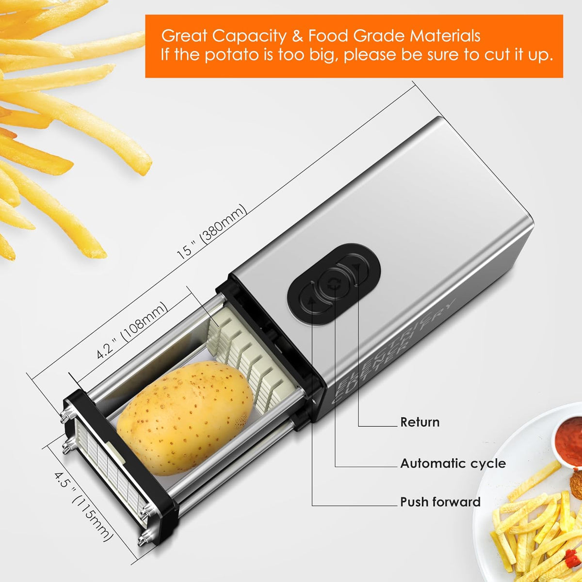 Electric French Fry Cutter, 1/2 & 3/8 Inch Interchangeable Stainless Steel Blades Automatic Potato Cutter, Commercial & Household Potato Slicer, Use for Potatoes Onion Cucumbers