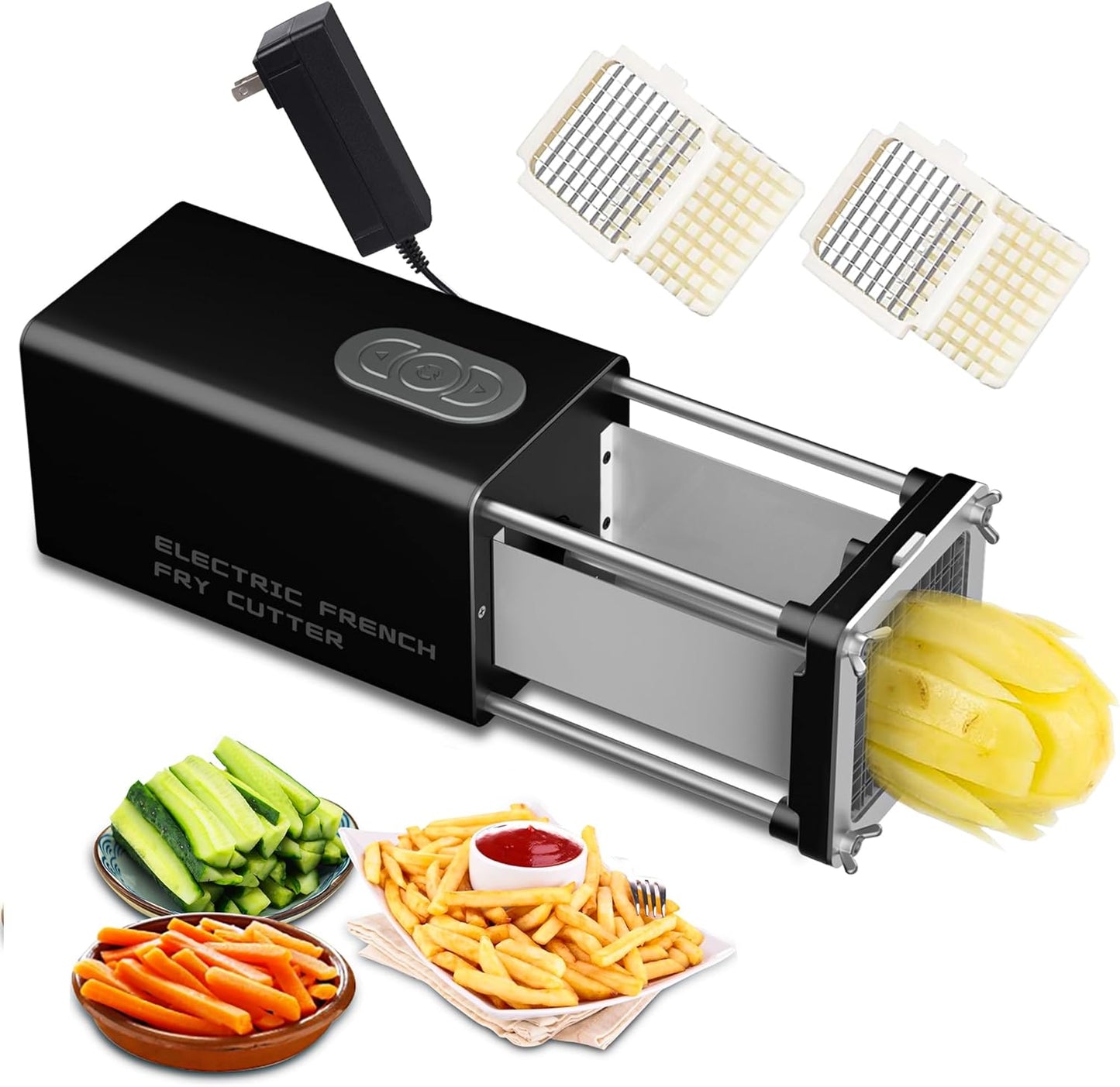 Electric French Fry Cutter, 1/2 & 3/8 Inch Interchangeable Stainless Steel Blades Automatic Potato Cutter, Commercial & Household Potato Slicer, Use for Potatoes Onion Cucumbers