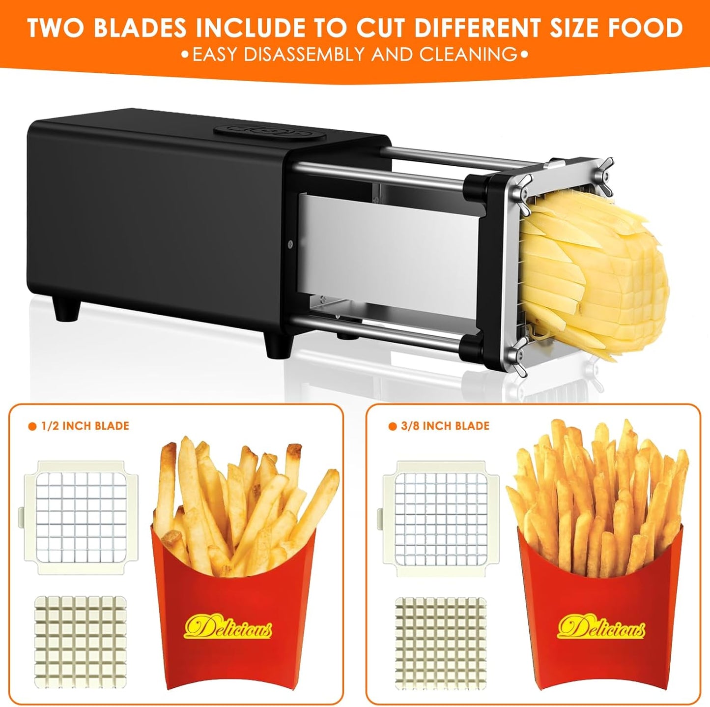 Electric French Fry Cutter, 1/2 & 3/8 Inch Interchangeable Stainless Steel Blades Automatic Potato Cutter, Commercial & Household Potato Slicer, Use for Potatoes Onion Cucumbers