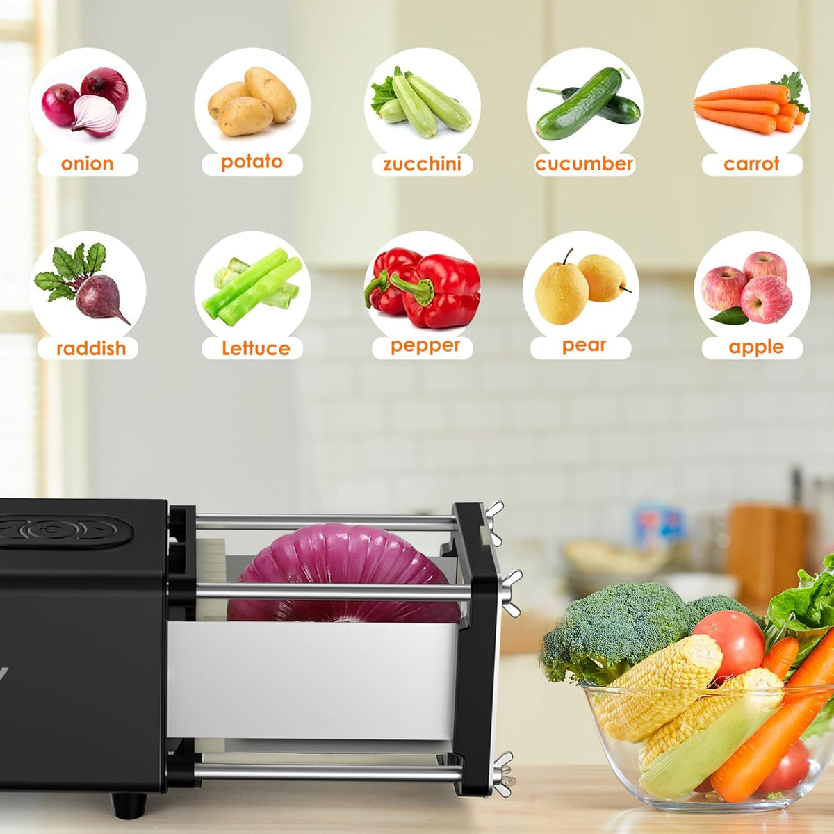 Electric French Fry Cutter, 1/2 & 3/8 Inch Interchangeable Stainless Steel Blades Automatic Potato Cutter, Commercial & Household Potato Slicer, Use for Potatoes Onion Cucumbers
