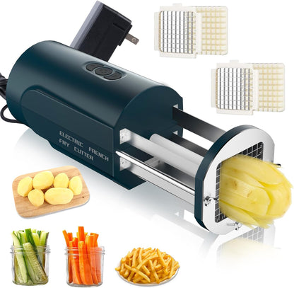 Electric French Fry Cutter, 1/2 & 3/8 Inch Interchangeable Stainless Steel Blades Automatic Potato Cutter, Commercial & Household Potato Slicer, Use for Potatoes Onion Cucumbers