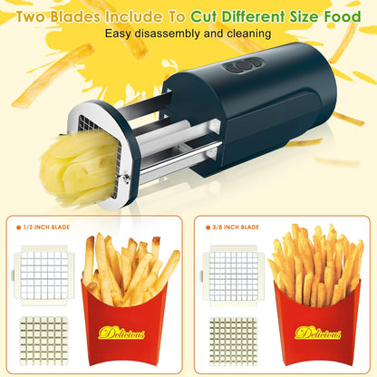 Electric French Fry Cutter, 1/2 & 3/8 Inch Interchangeable Stainless Steel Blades Automatic Potato Cutter, Commercial & Household Potato Slicer, Use for Potatoes Onion Cucumbers
